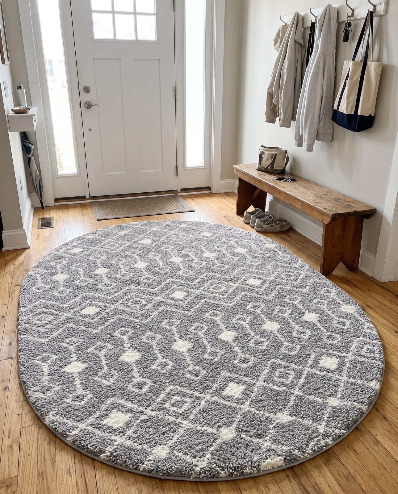 5' 3 x 8' Bayley · Geometric trellis Shag Rug, gray and ivory