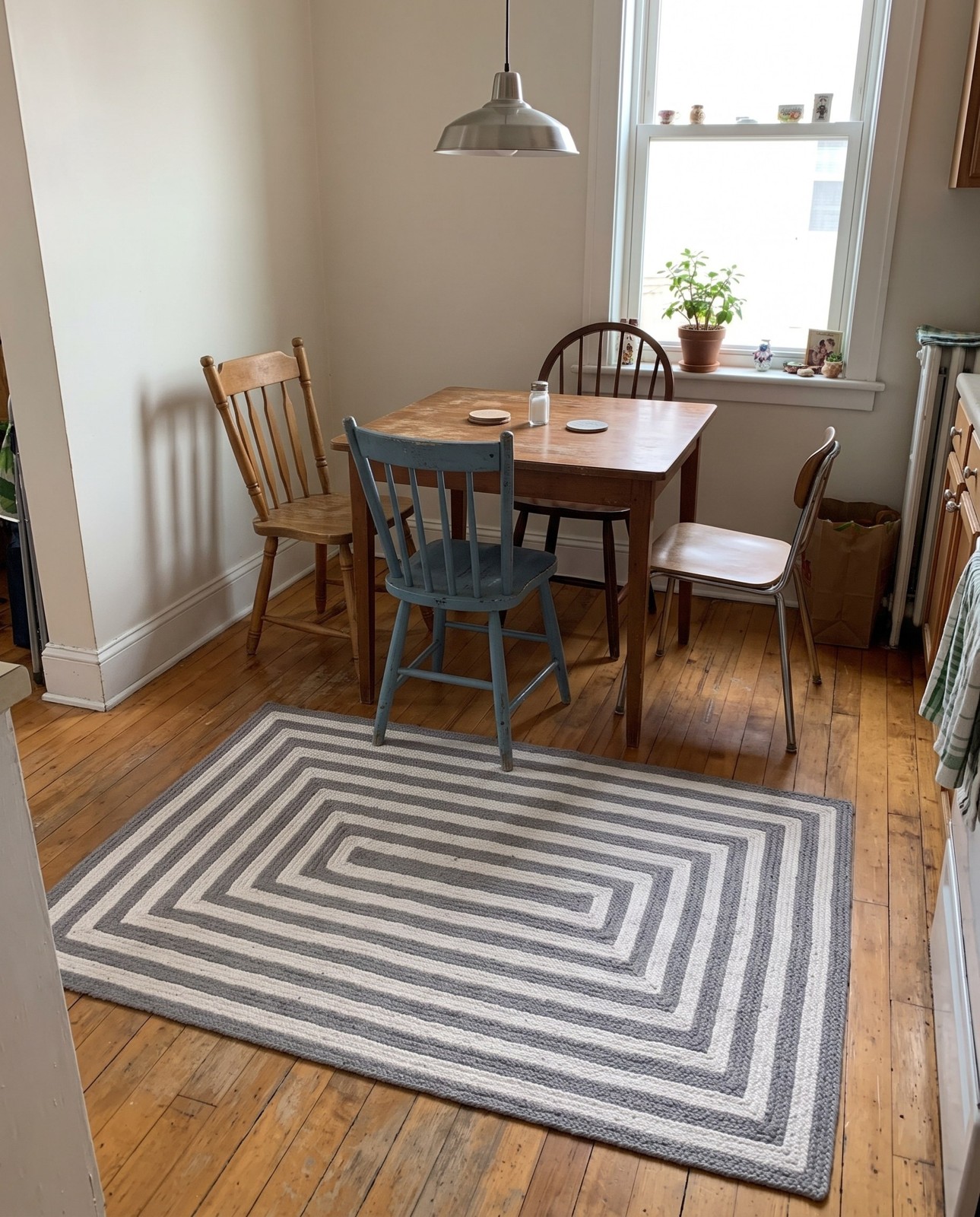 4' 1 x 6' 1 Dennison · Striped border Washable Outdoor Rug, gray and white