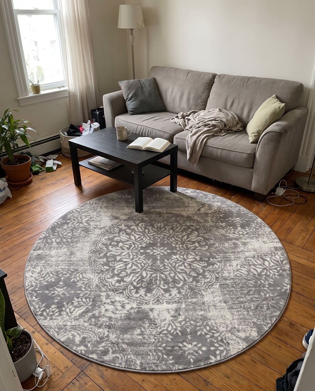 Detail image of 7' x 7' Blakemore · Distressed medallion rug, gray and ivory