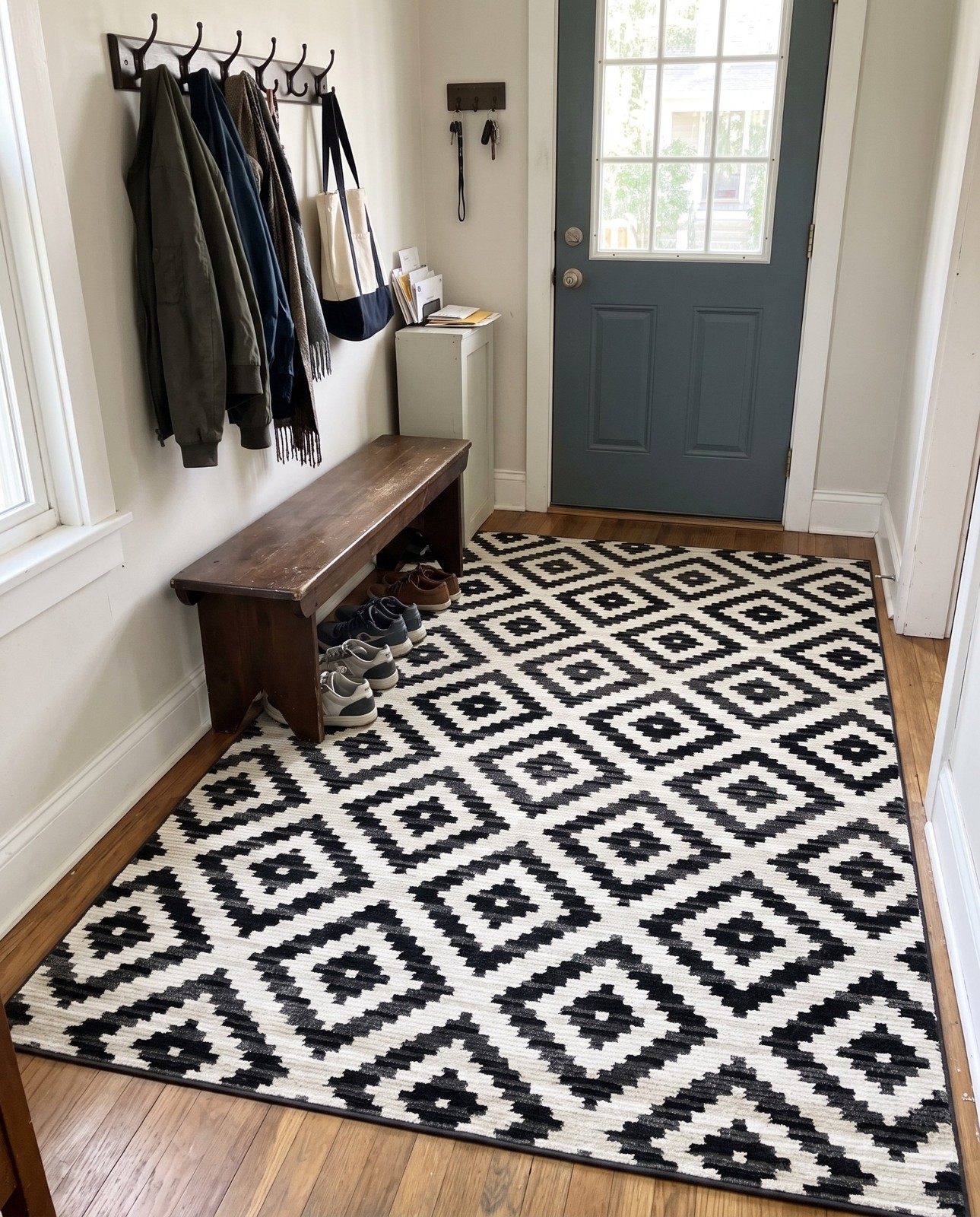 Detail image of 6' x 9' Temple · Geometric diamond rug, black and ivory