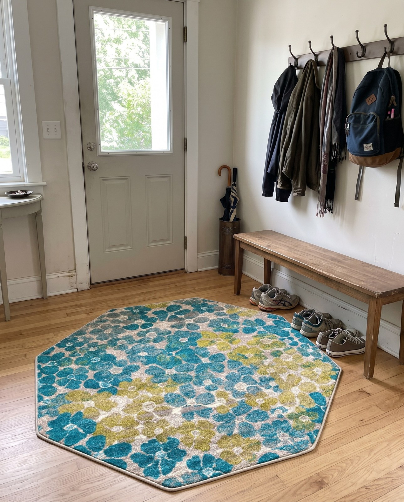 5' 3 x 5' 3 Portage · Floral rug, blue and chartreuse