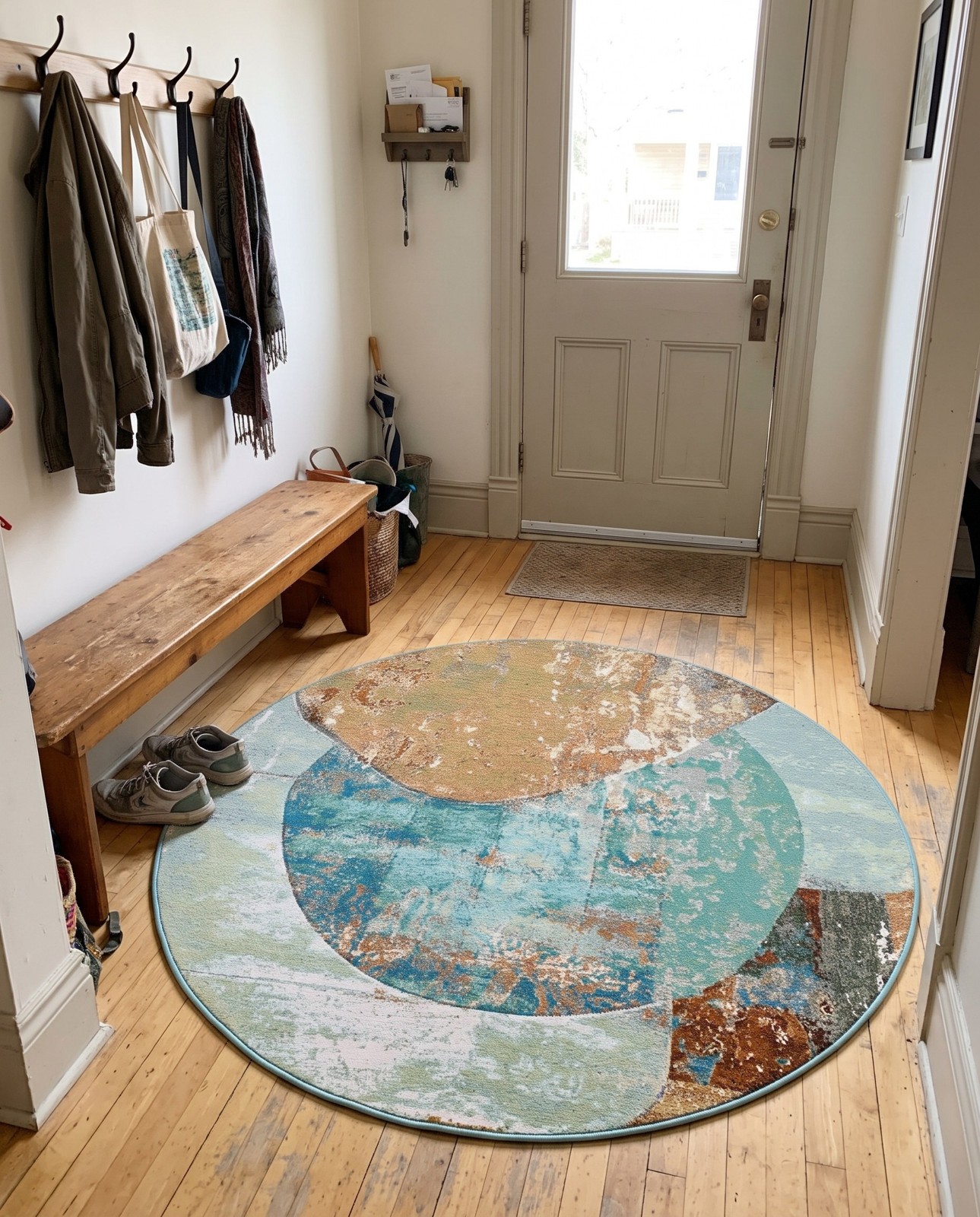 7' 10 x 7' 10 Lomax · Abstract pebble Outdoor Rug, teal and terracotta