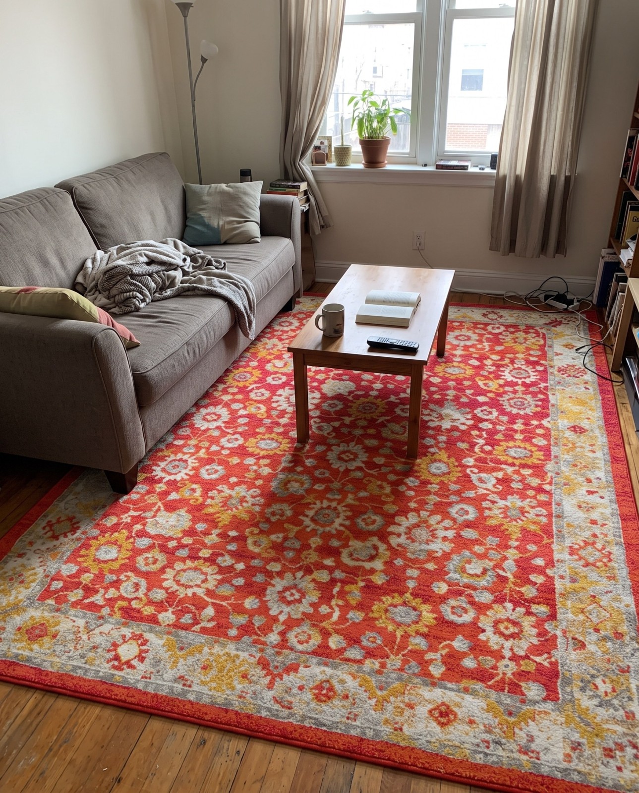 10' x 14' Hatcher · Floral border rug, rust and ivory