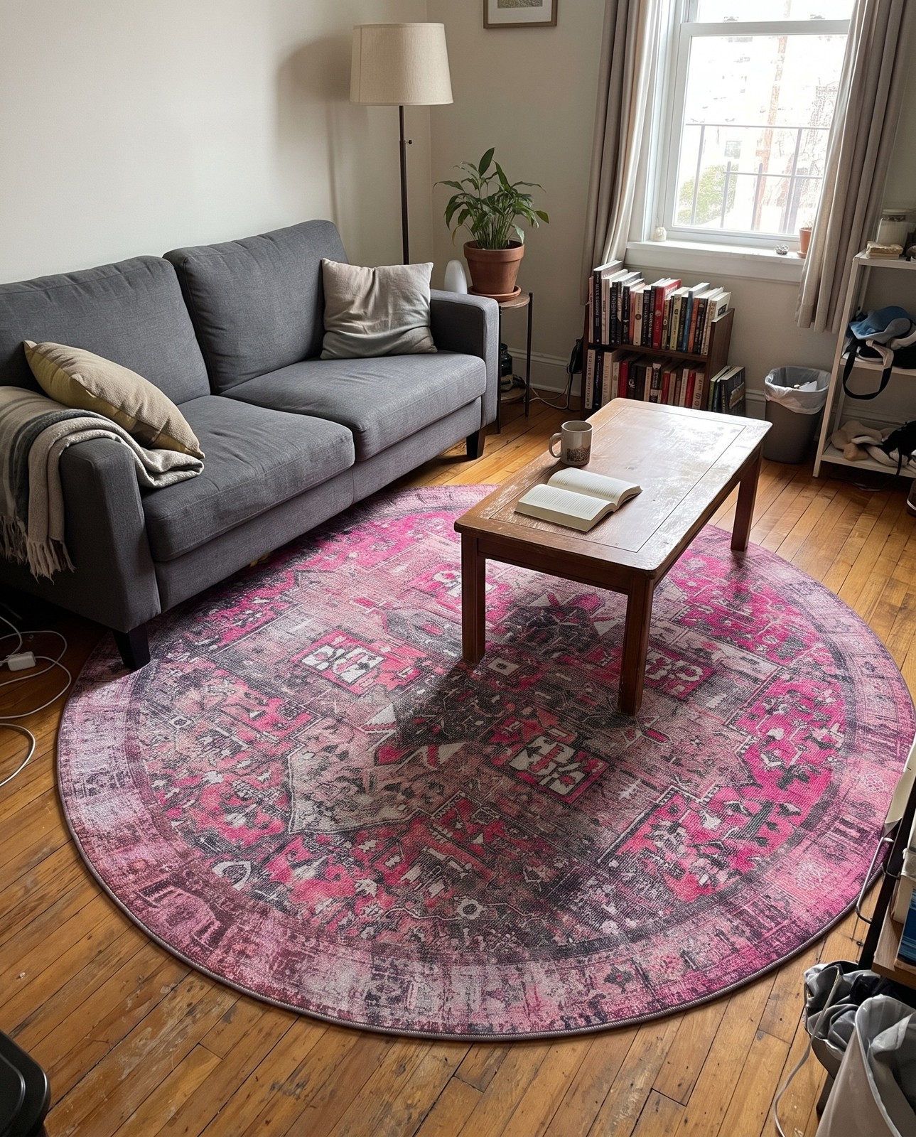 7' 6 x 7' 6 Clive · Distressed medallion Washable Rug, pink and black