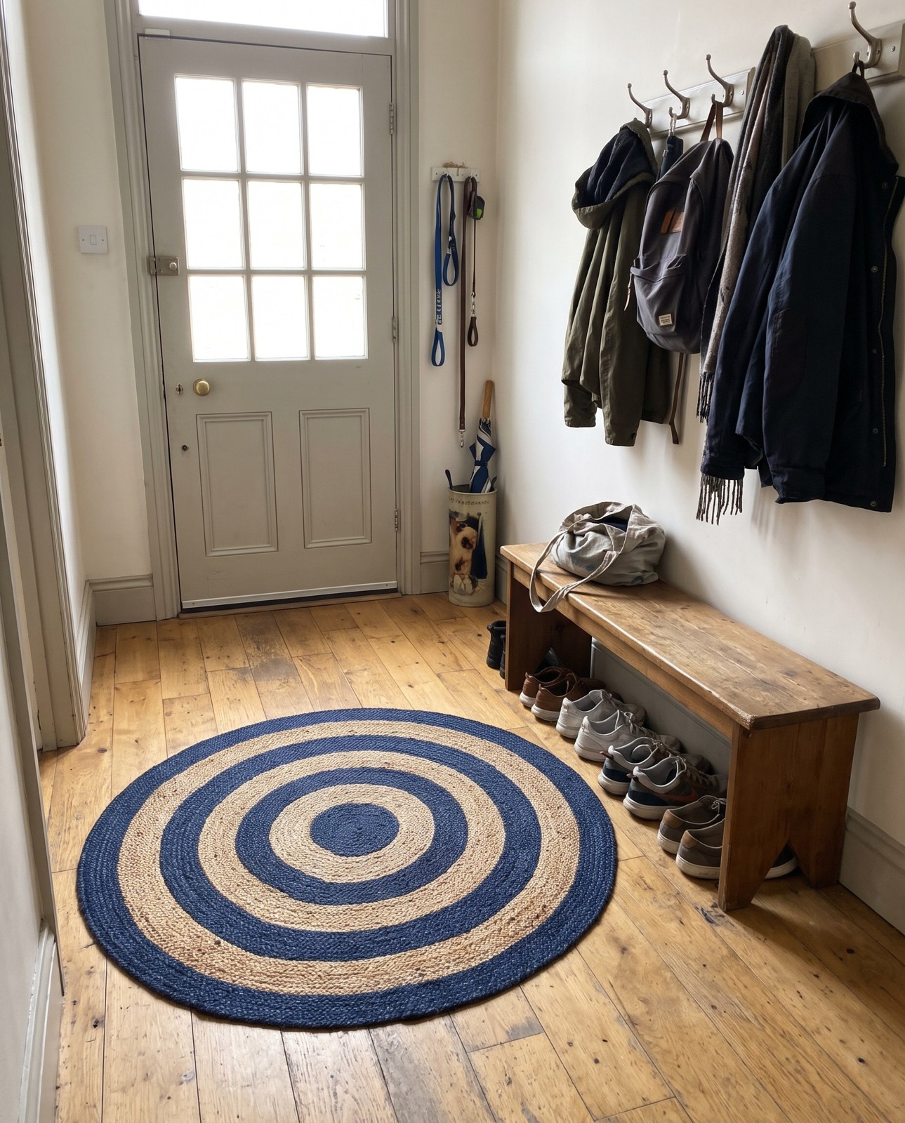 10' x 10' Goodwin · Concentric stripe Braided Jute Rug, navy and natural
