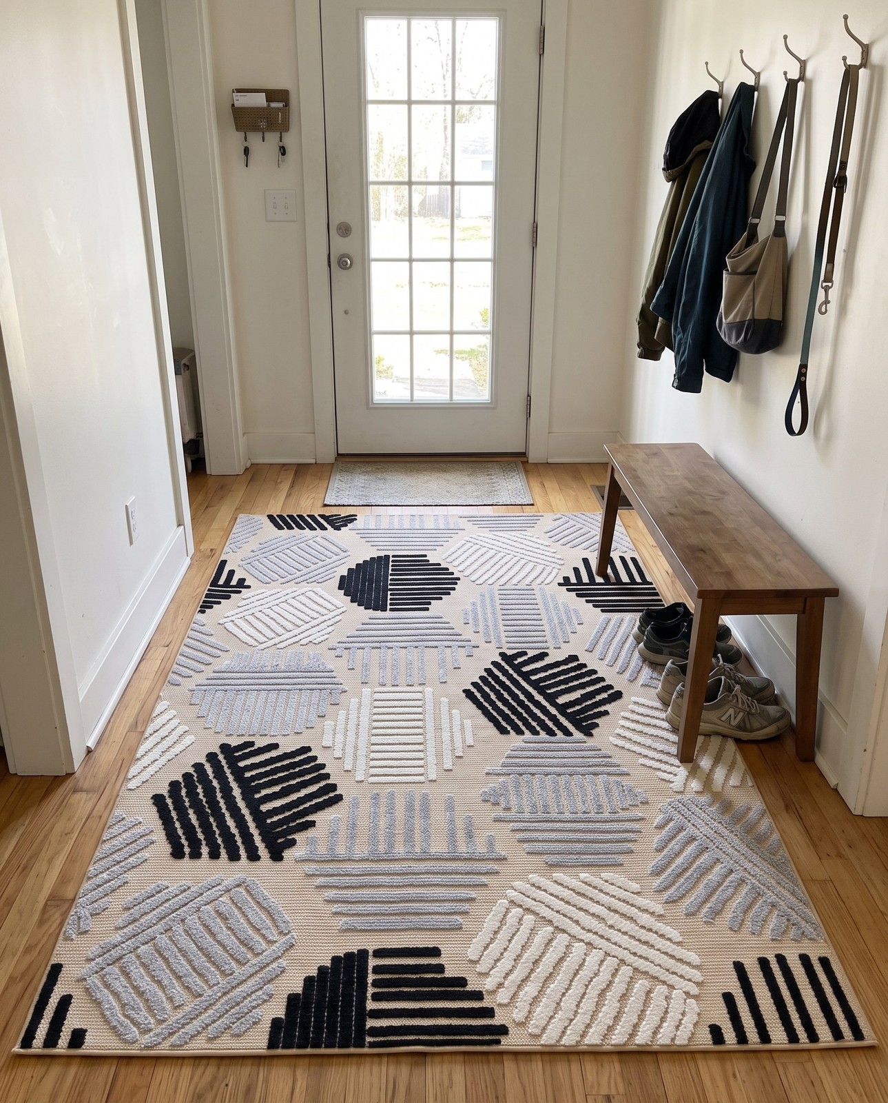 Detail image of 5' 3 x 7' 7 Easton · Geometric lines Outdoor Rug, beige and black