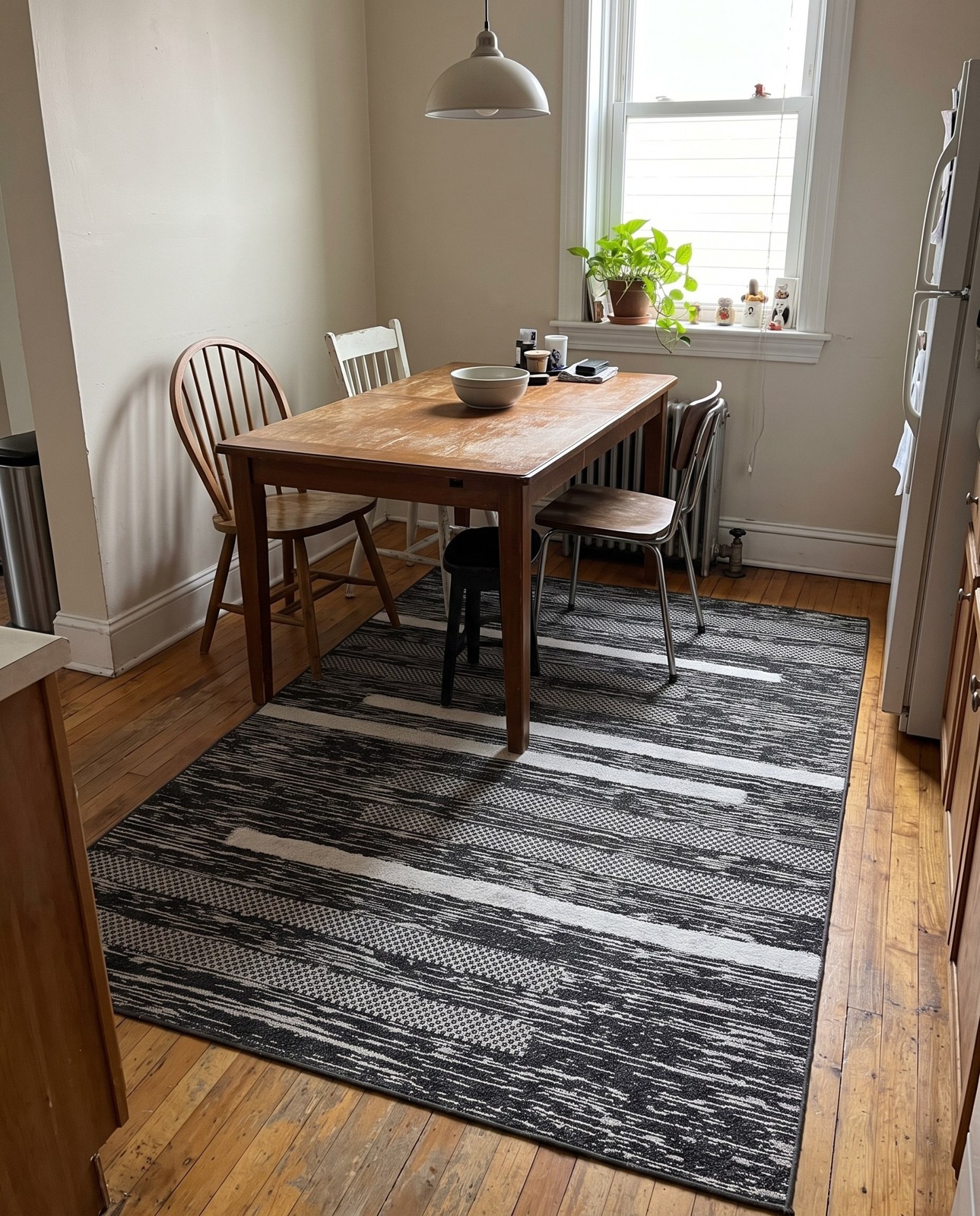 4' 5 x 6' Hornsby · Striped rug, black, gray, ivory