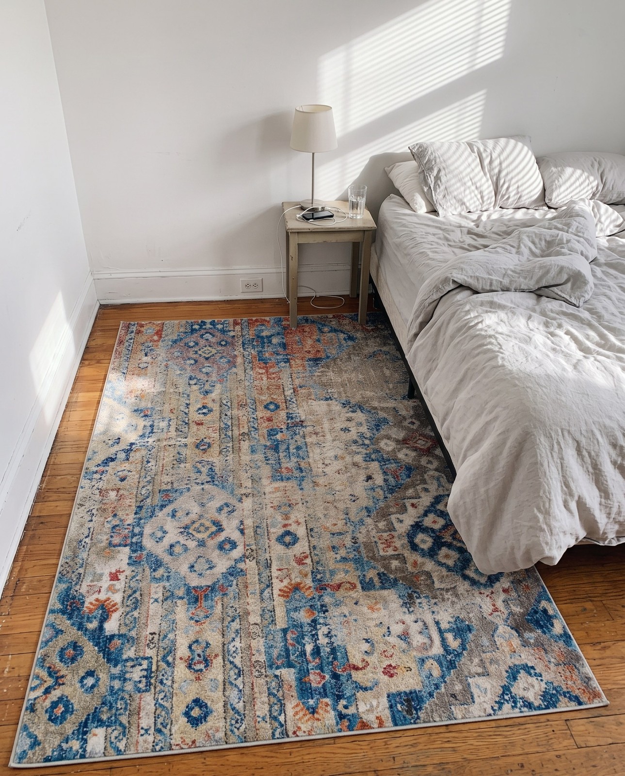 Detail image of 5' x 8' Markham · Distressed medallion rug, blue and orange