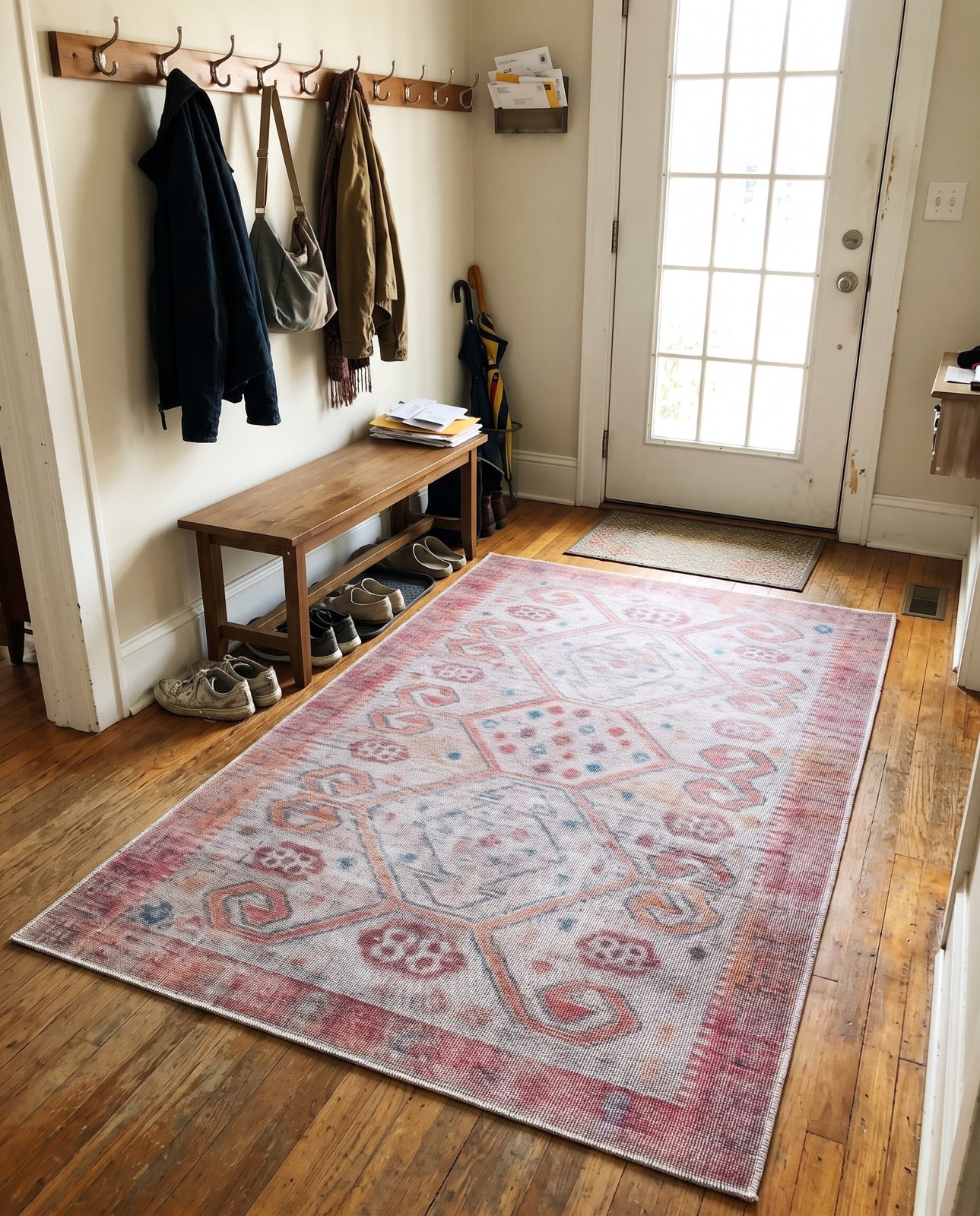 Detail image of 4' x 6' Bascom · Geometric medallion Washable Rug, rust and beige