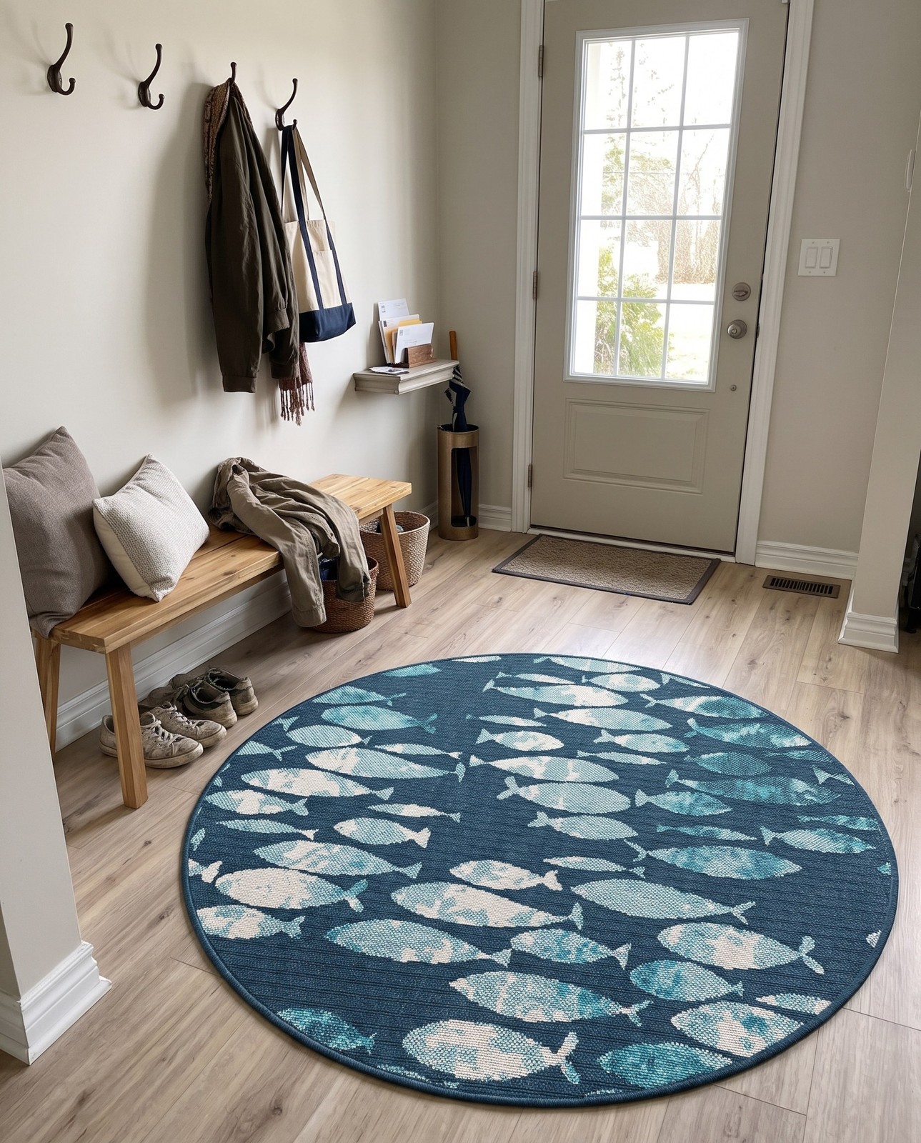 4' x 4' Sargent · School of fish Outdoor Rug, blue and teal