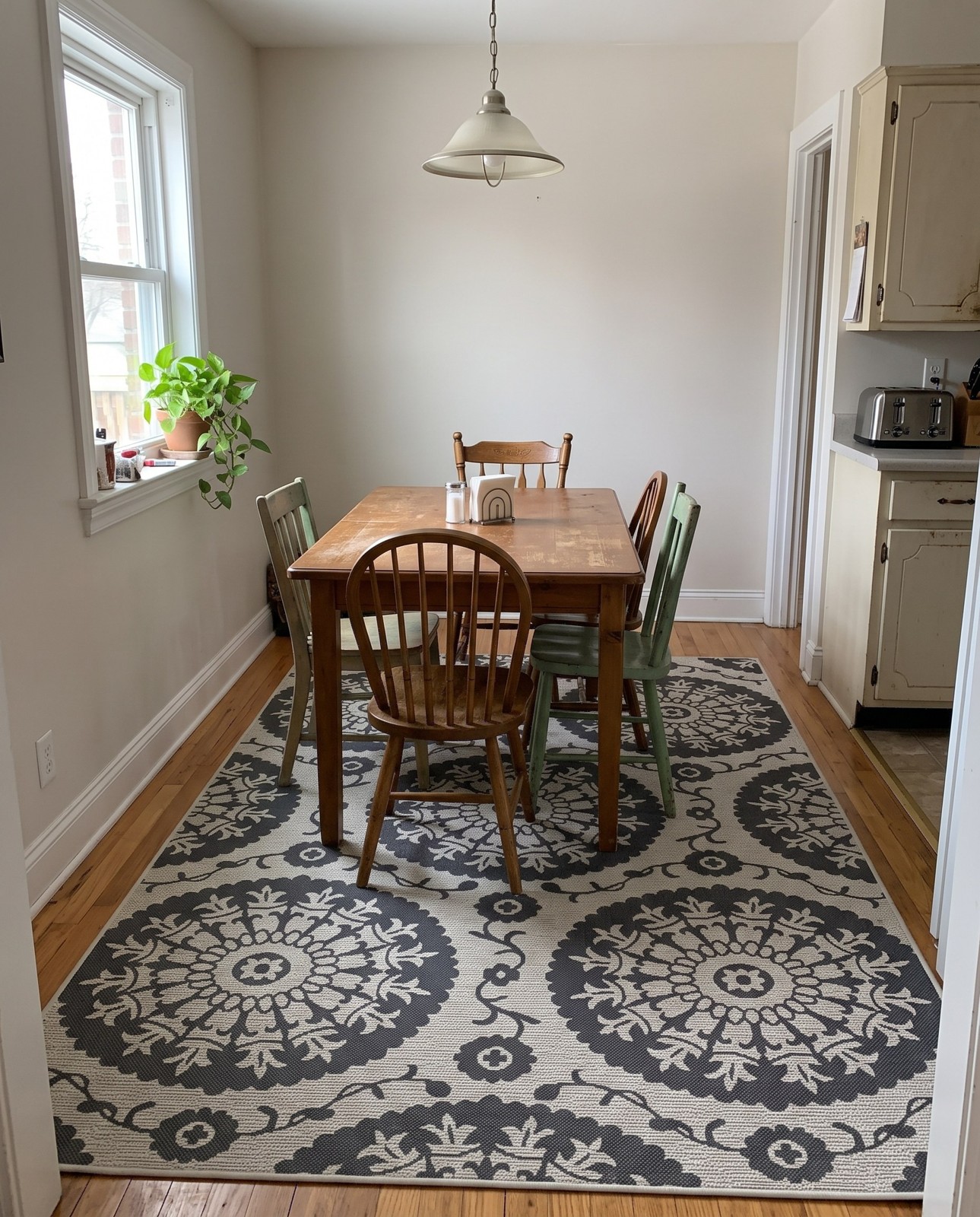 Detail image of 5' 3 x 8' Fanshawe · Medallion Outdoor Rug, gray and silver