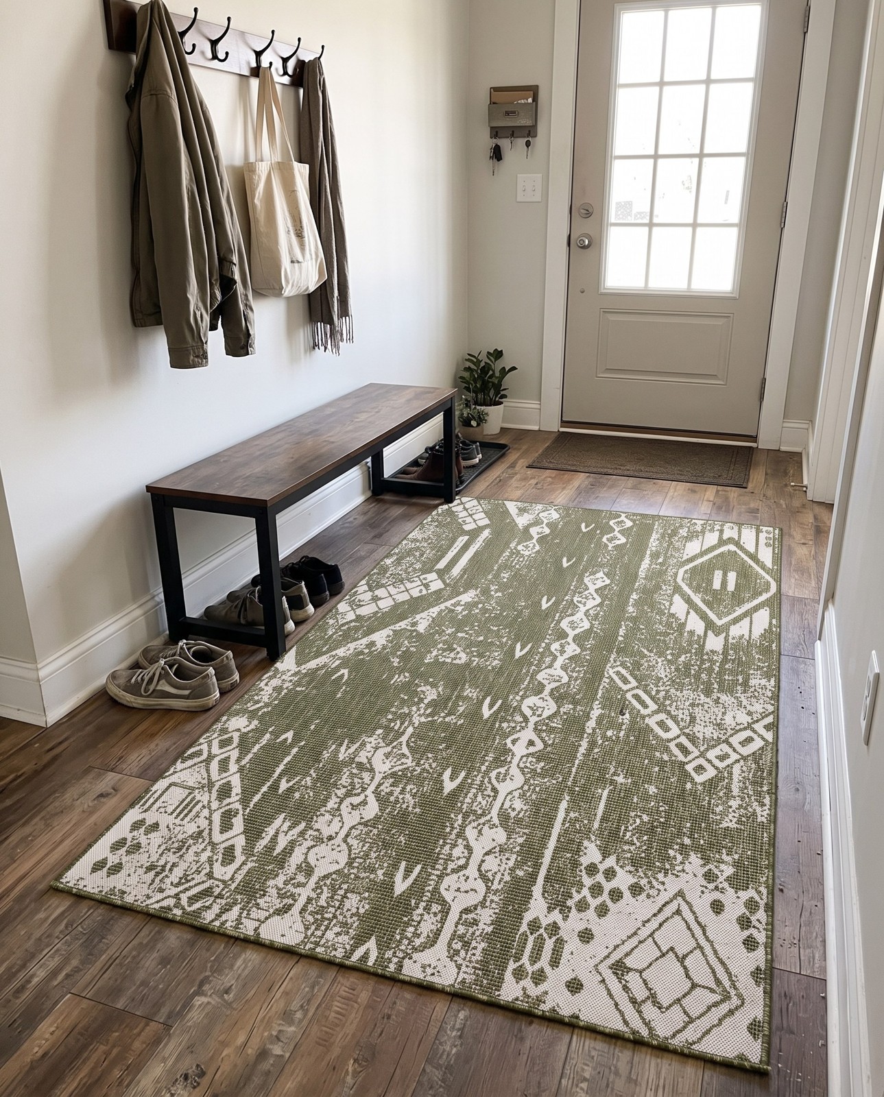 Detail image of 5' 3 x 8' Wildman · Geometric Outdoor Rug, green and ivory