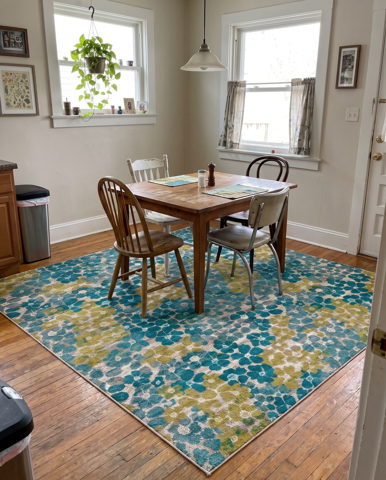 10' x 10' Portage · Floral rug, blue and chartreuse