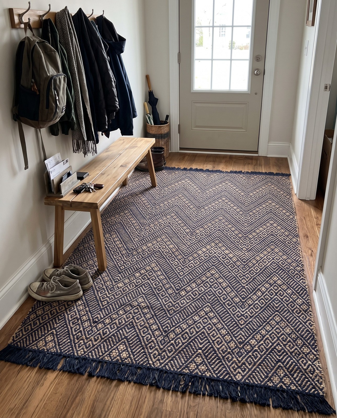 Detail image of 4' 1 x 6' 1 Fulton · Chevron Braided Jute Rug, navy blue and white