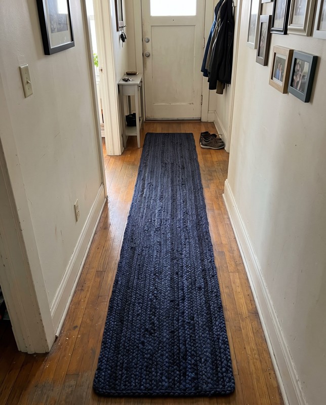 Marlin Solid rug, navy, 8 Ft Table Runner, in a room