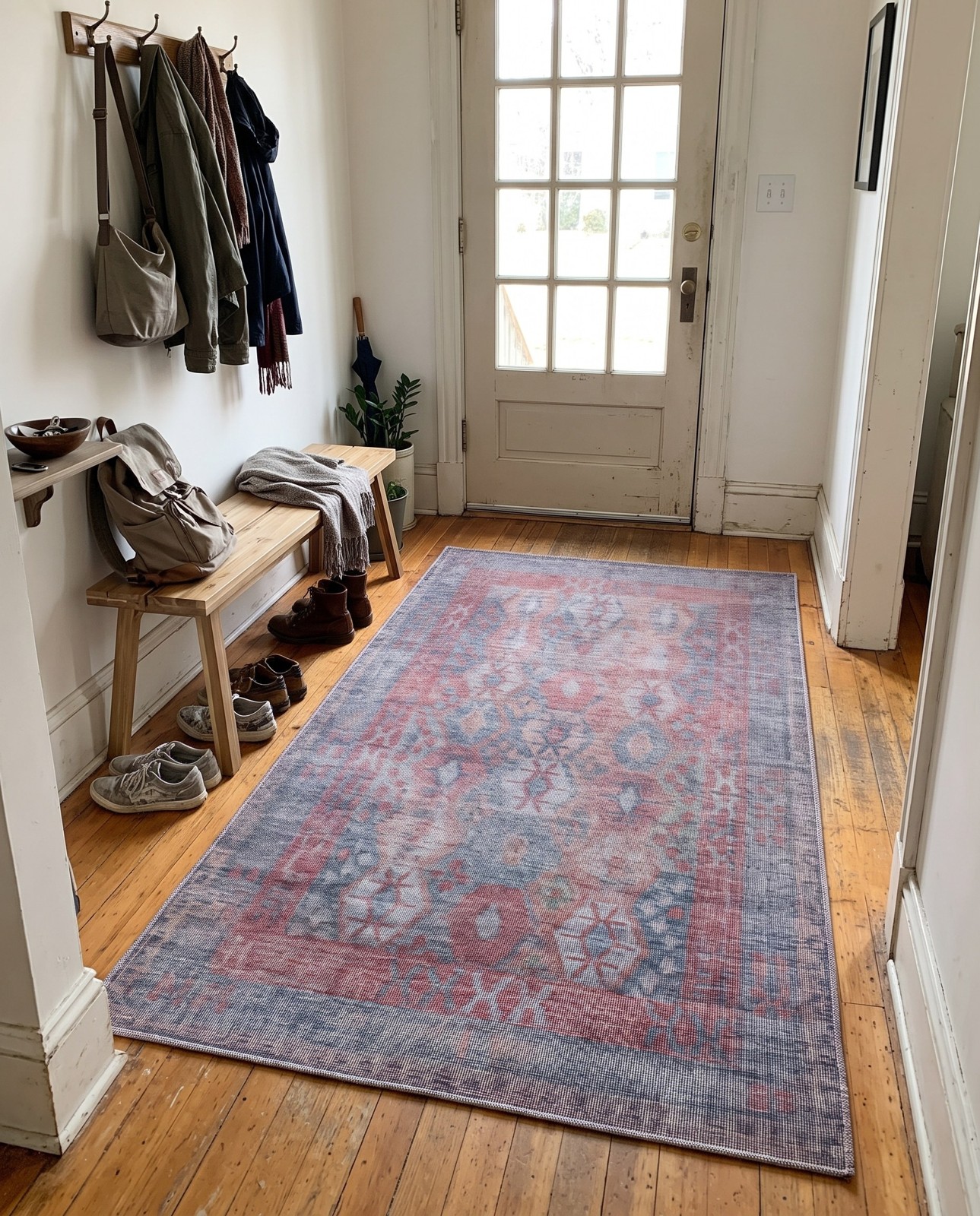 Detail image of 10' 6 x 13' Fleming · Geometric diamond Washable Rug, rust and blue