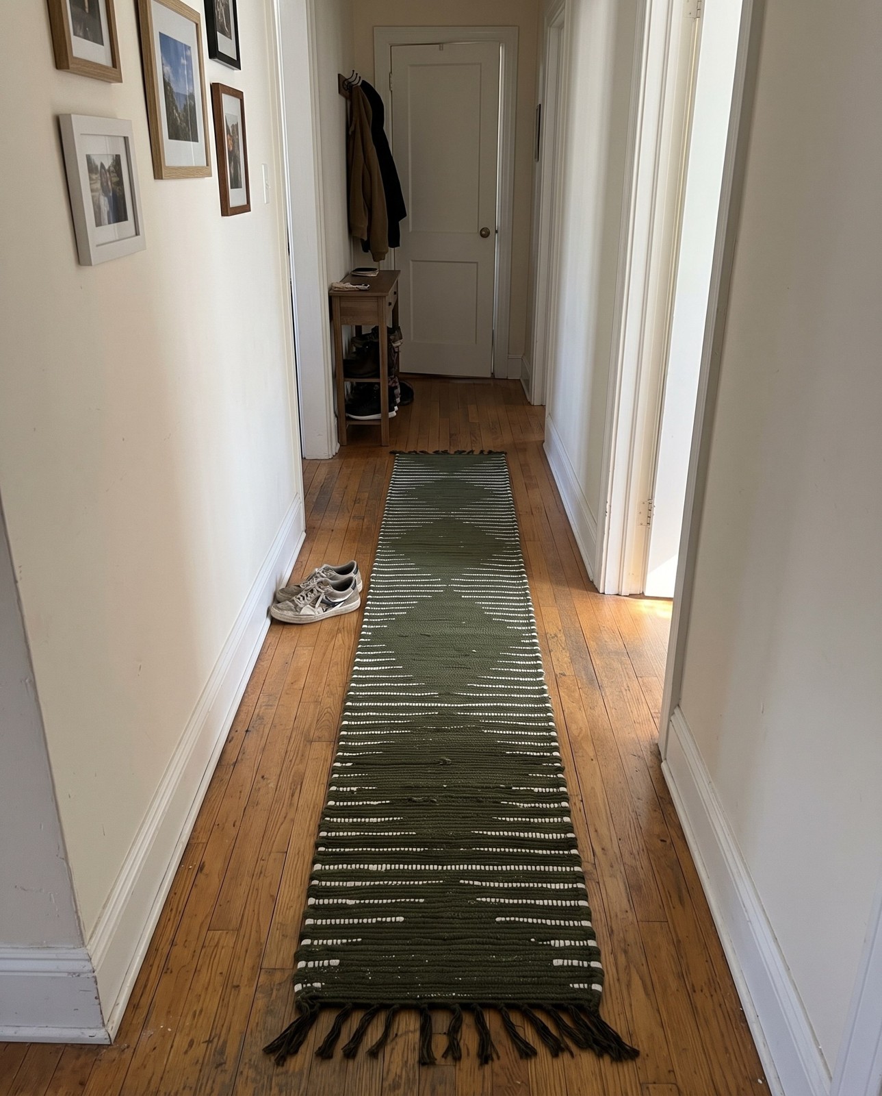 1' 2 x 8' Roper · Striped Chindi Rug, green and ivory