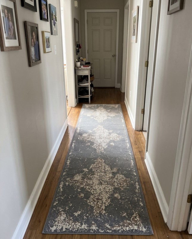 Maude Distressed medallion rug, gray and ivory, 10 Ft Runner, in a room