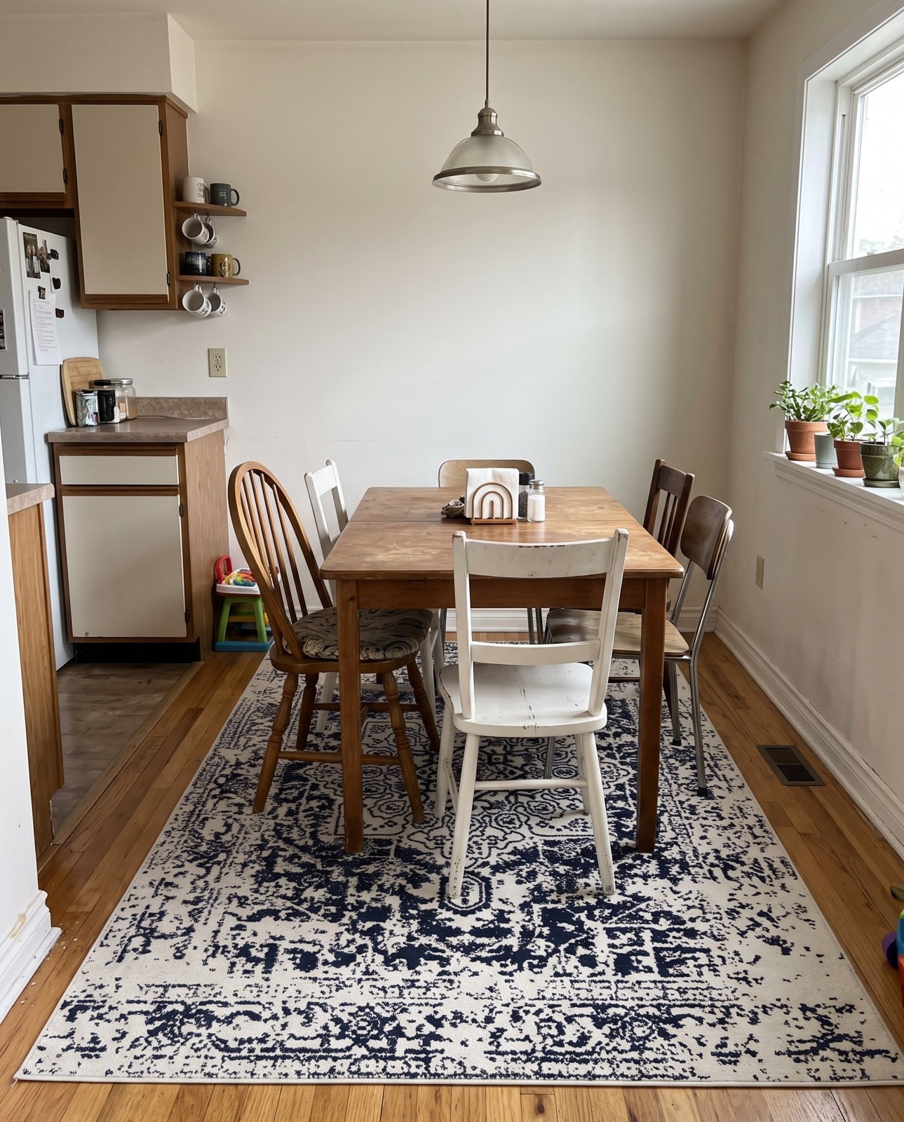 5' 3 x 8' Birch · Distressed medallion rug, blue and ivory