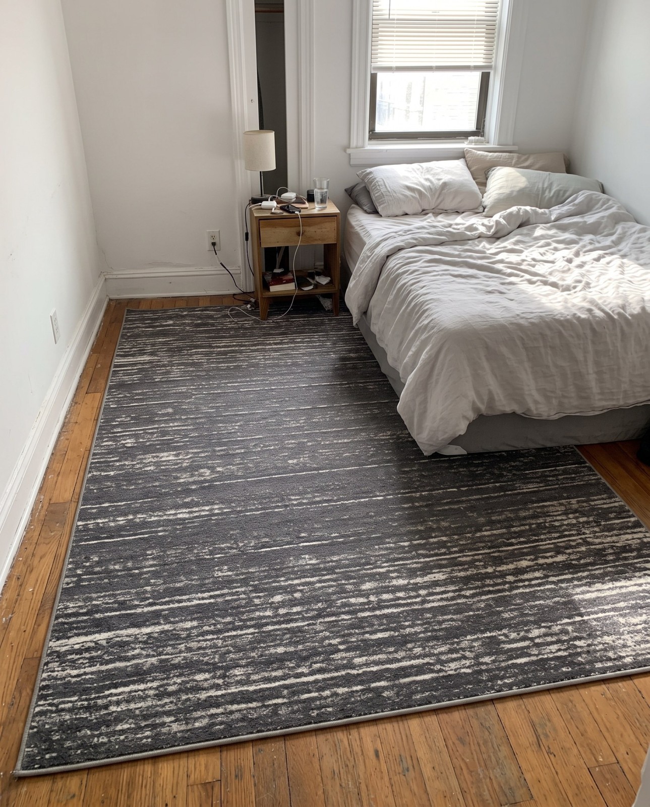 2' x 3' Tate · Linear abstract rug, gray and ivory