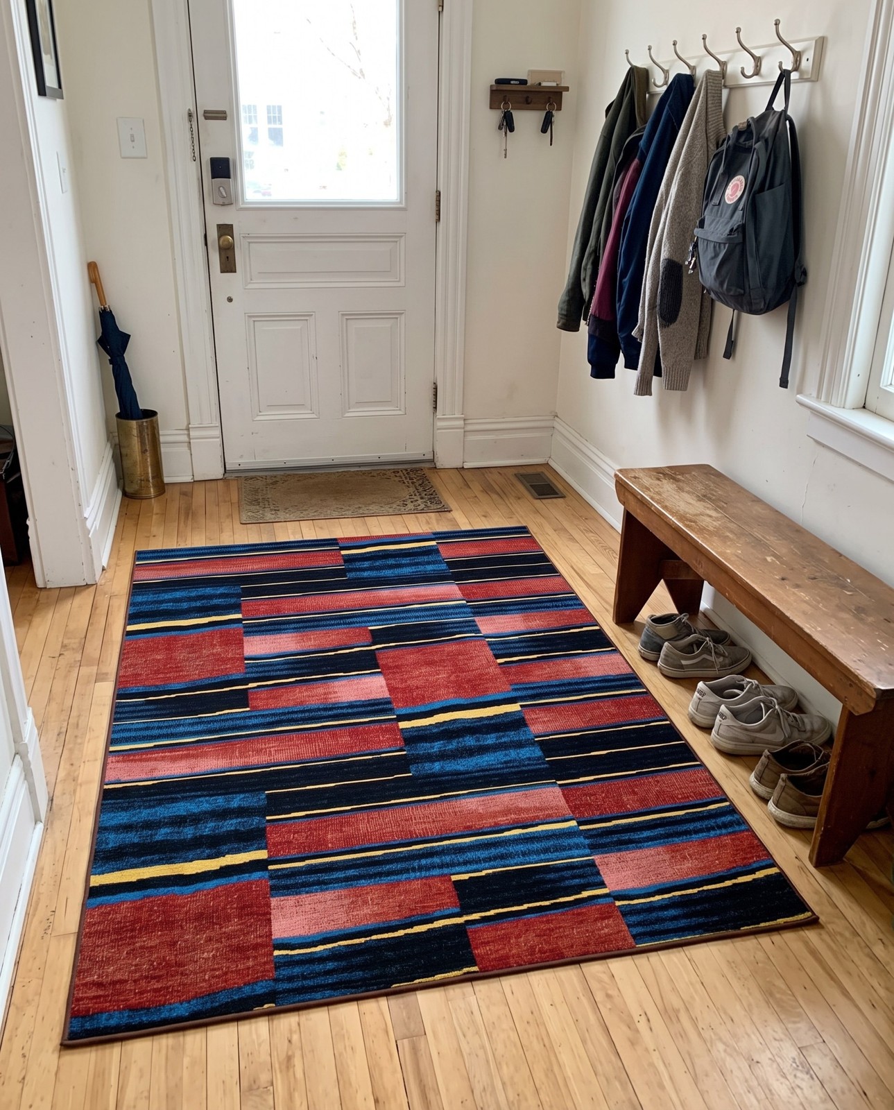 Detail image of 4' x 6' Conley · Abstract striped Outdoor Rug, red and black