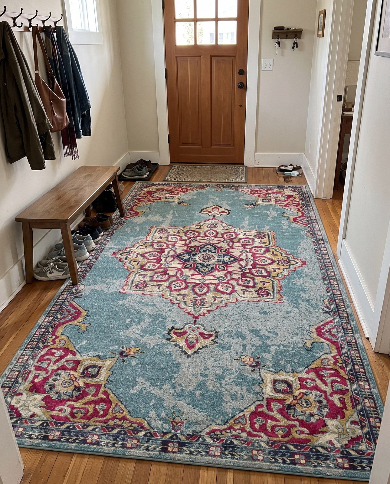 10' 6 x 16' 5 Birchard · Distressed medallion Washable Rug, turquoise and magenta
