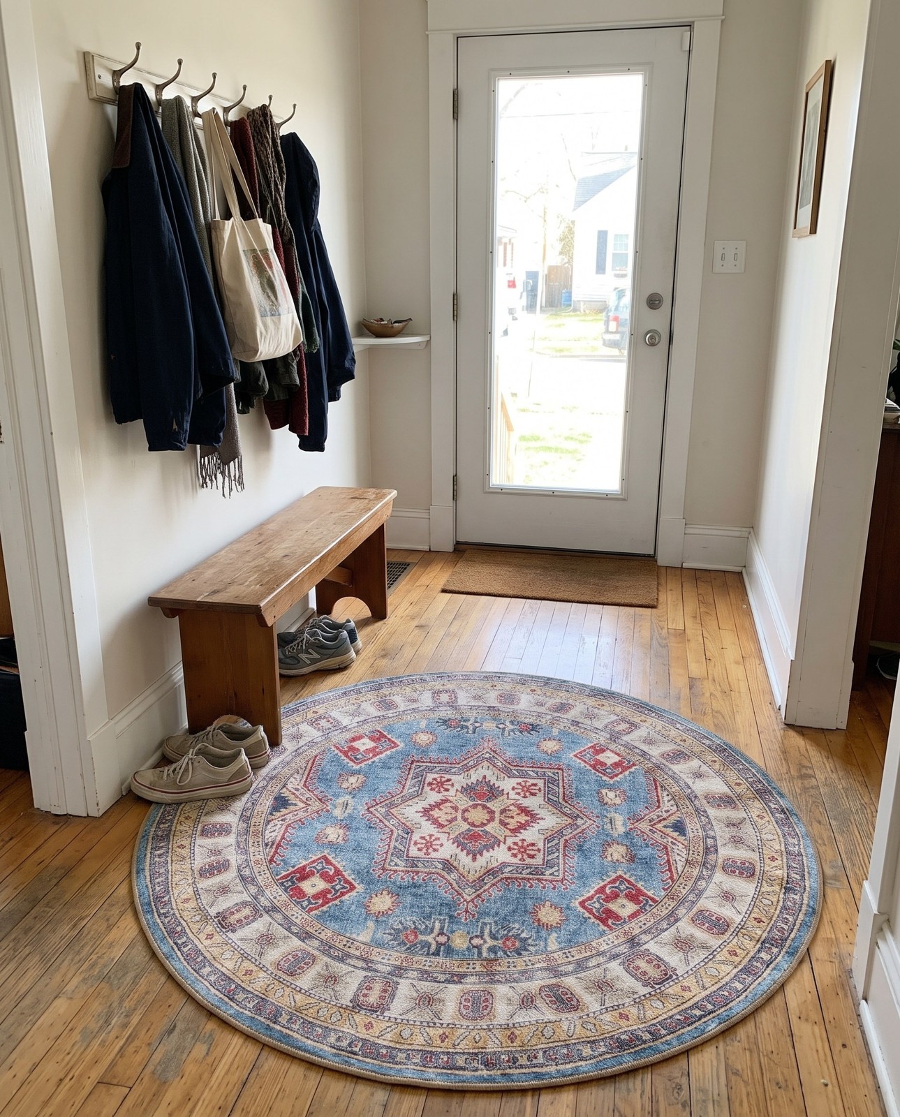 Detail image of 5' 1 x 5' 1 Pickett · Medallion Washable Rug, light blue and red