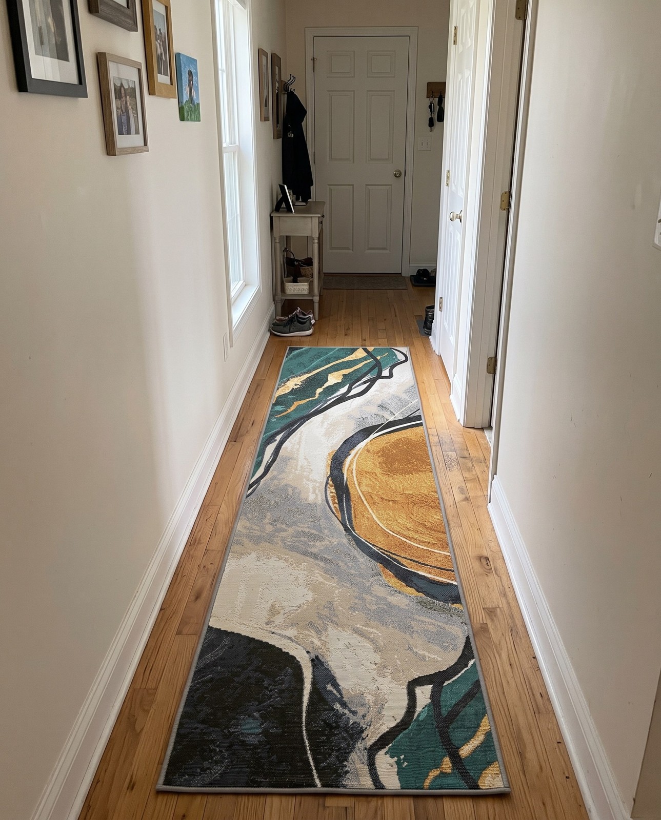 Detail image of 2' x 8' Lomax · Abstract Outdoor Rug, teal and gold