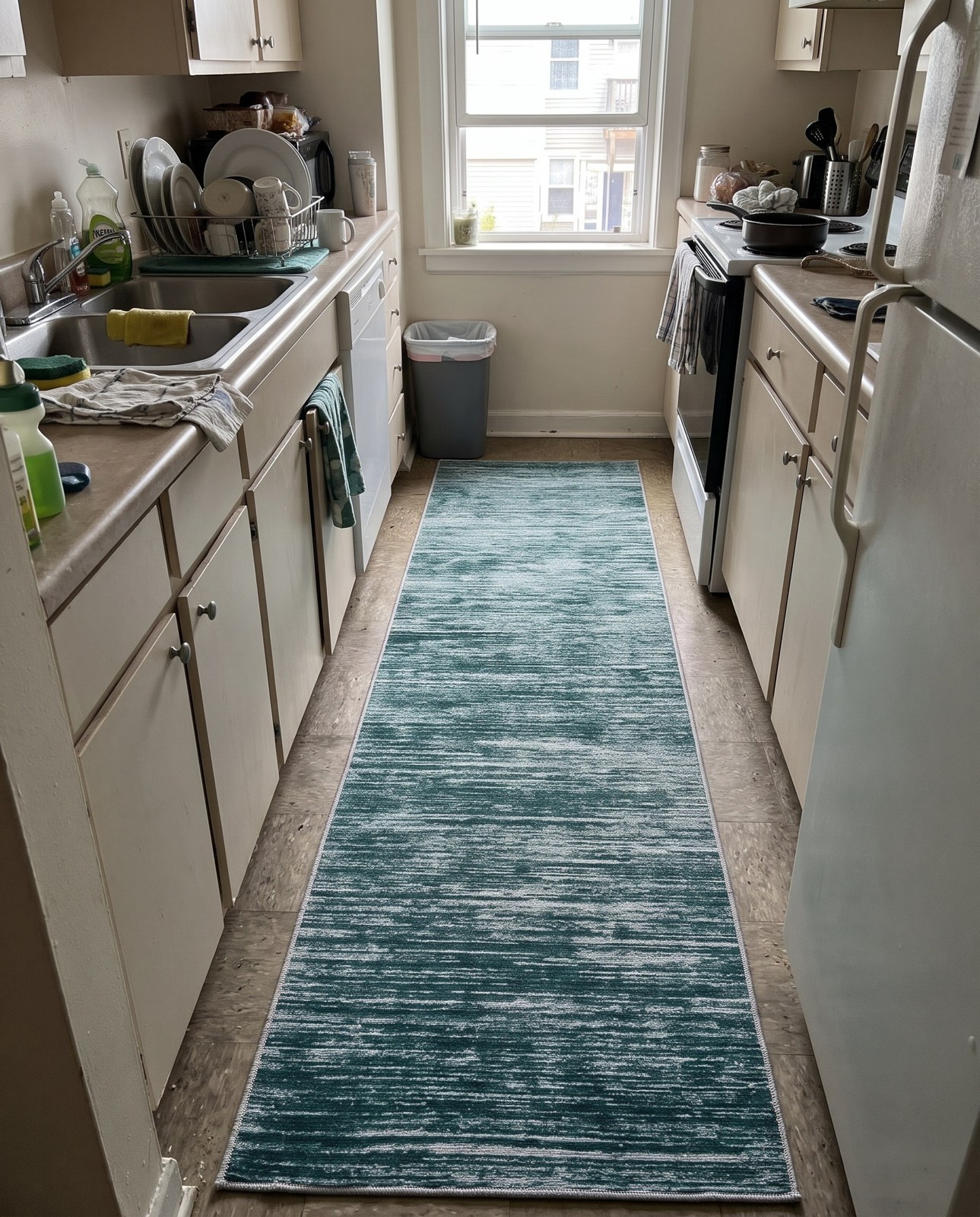 2' 6 x 14' Prewitt · Abstract striped rug, teal and ivory