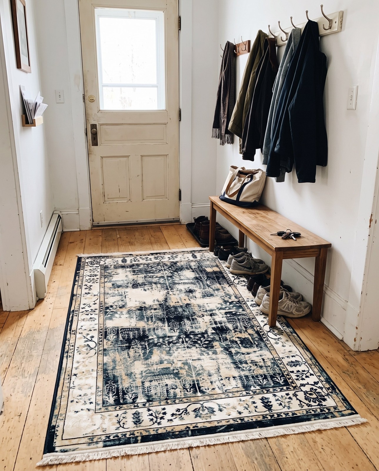 7' 10 x 10' Bushnell · Distressed botanical rug, ivory and blue