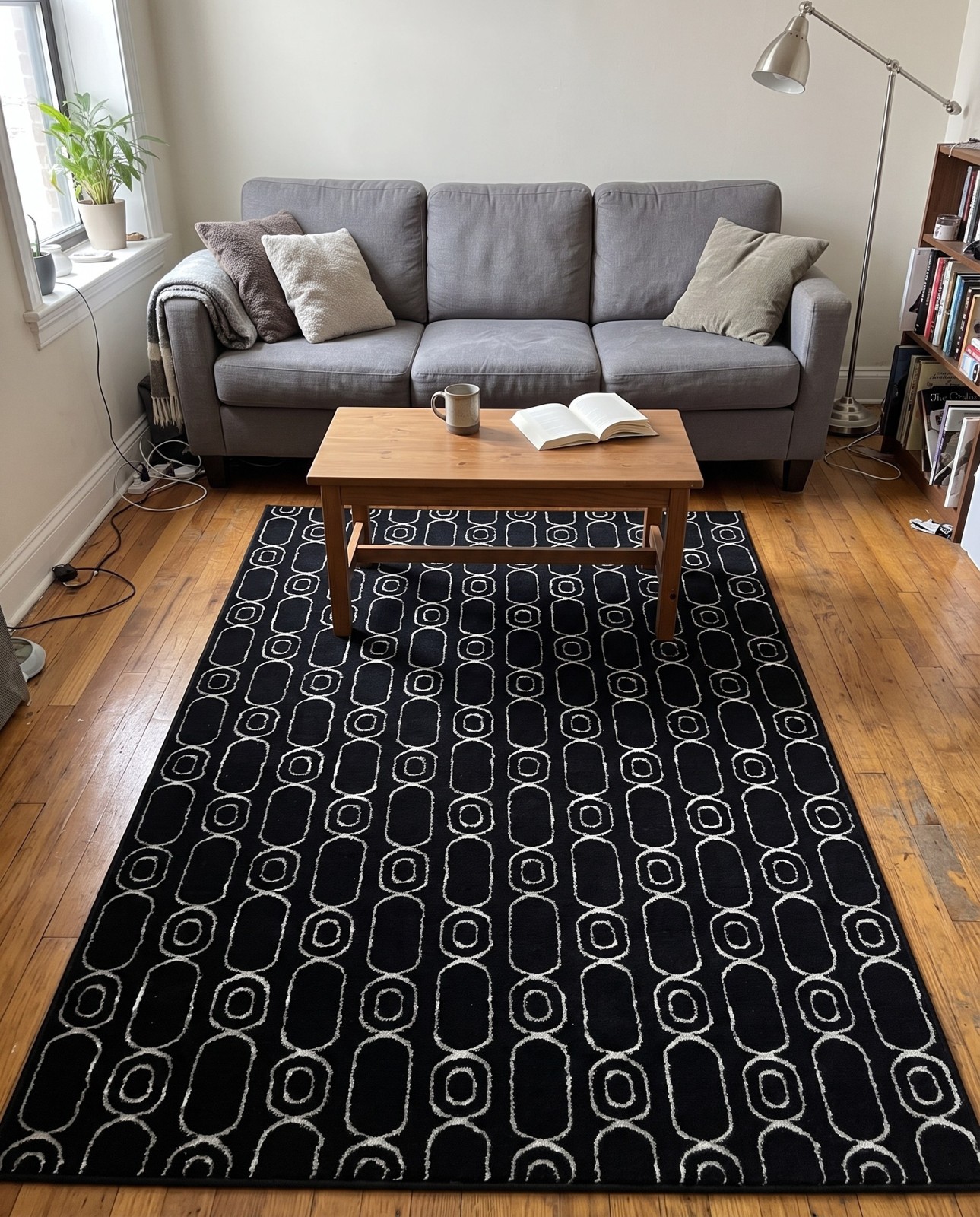 5' 3 x 7' Renwick · Geometric rug, black and silver