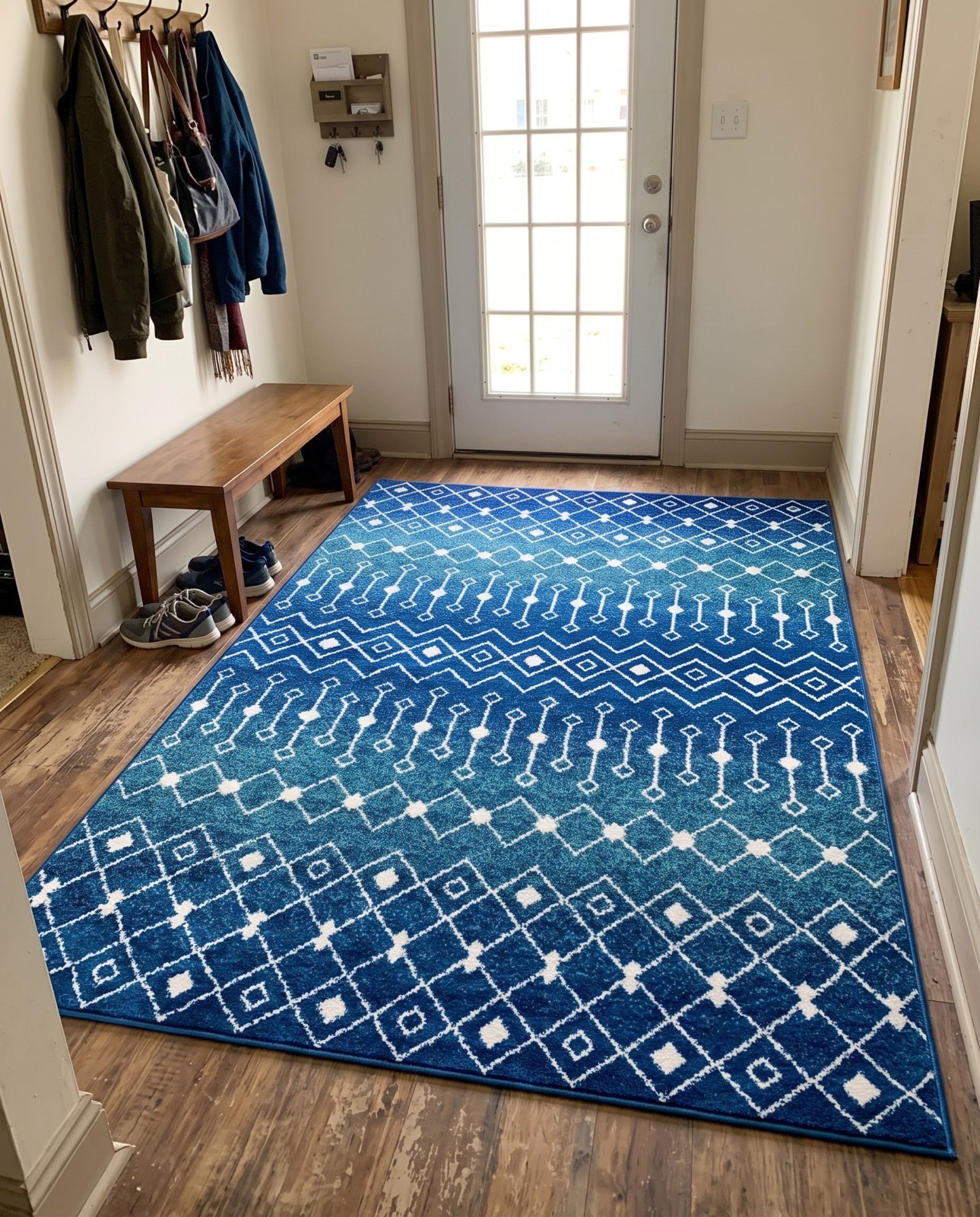 6' x 9' Boswell · Tribal trellis rug, navy and teal