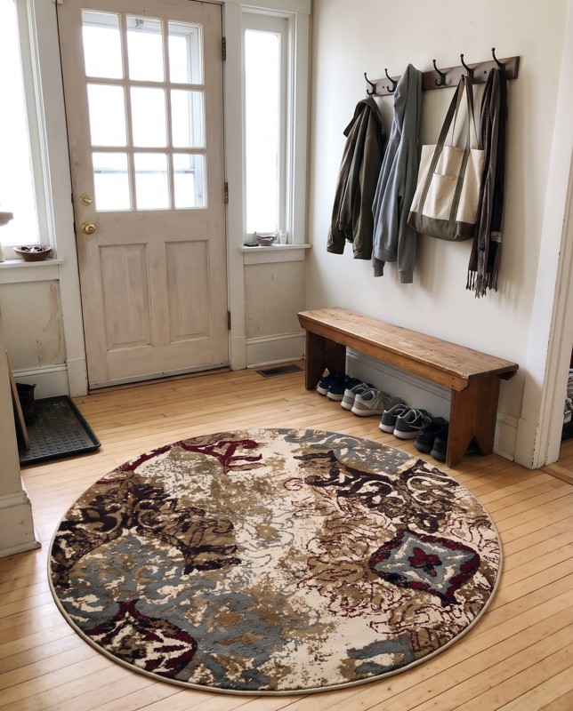 Needham Distressed damask rug, beige and burgundy, 4 Ft Round, in a room