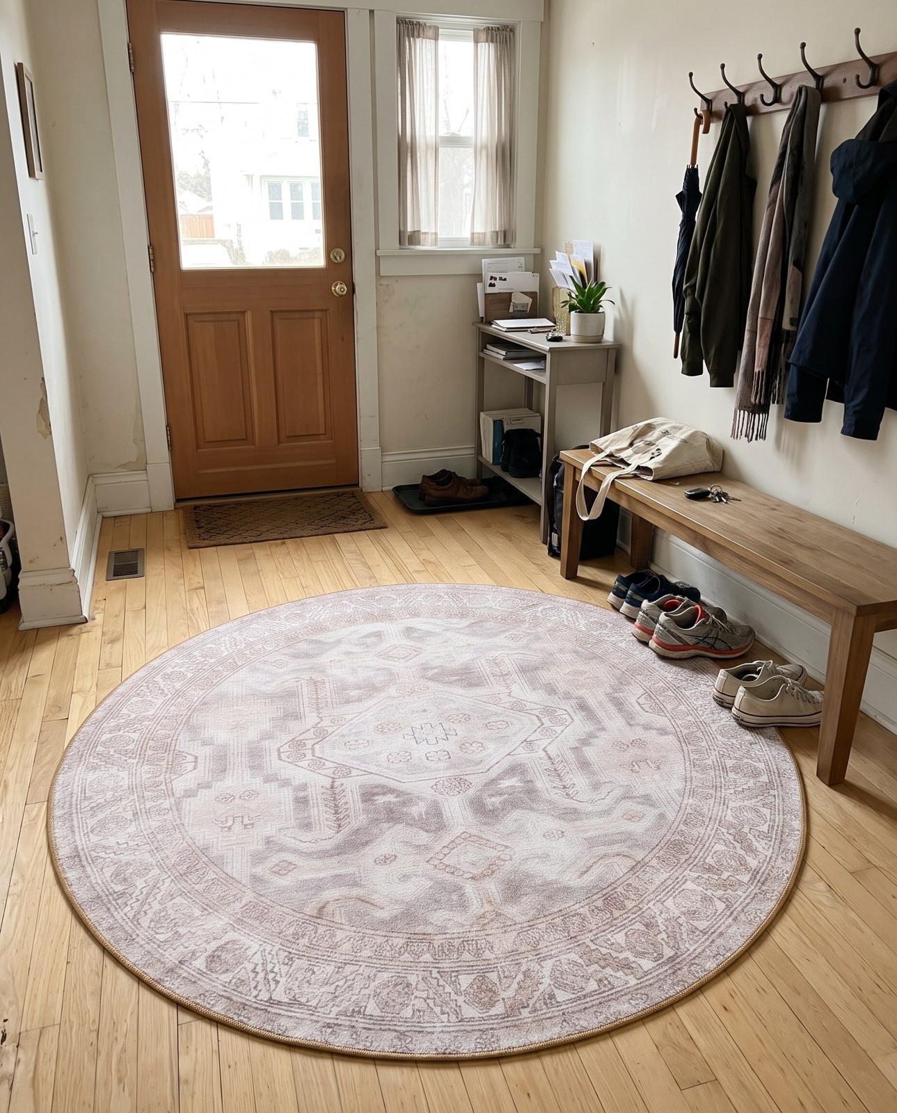 3' 6 x 3' 6 Walford · Faded medallion Washable Rug, gray and beige