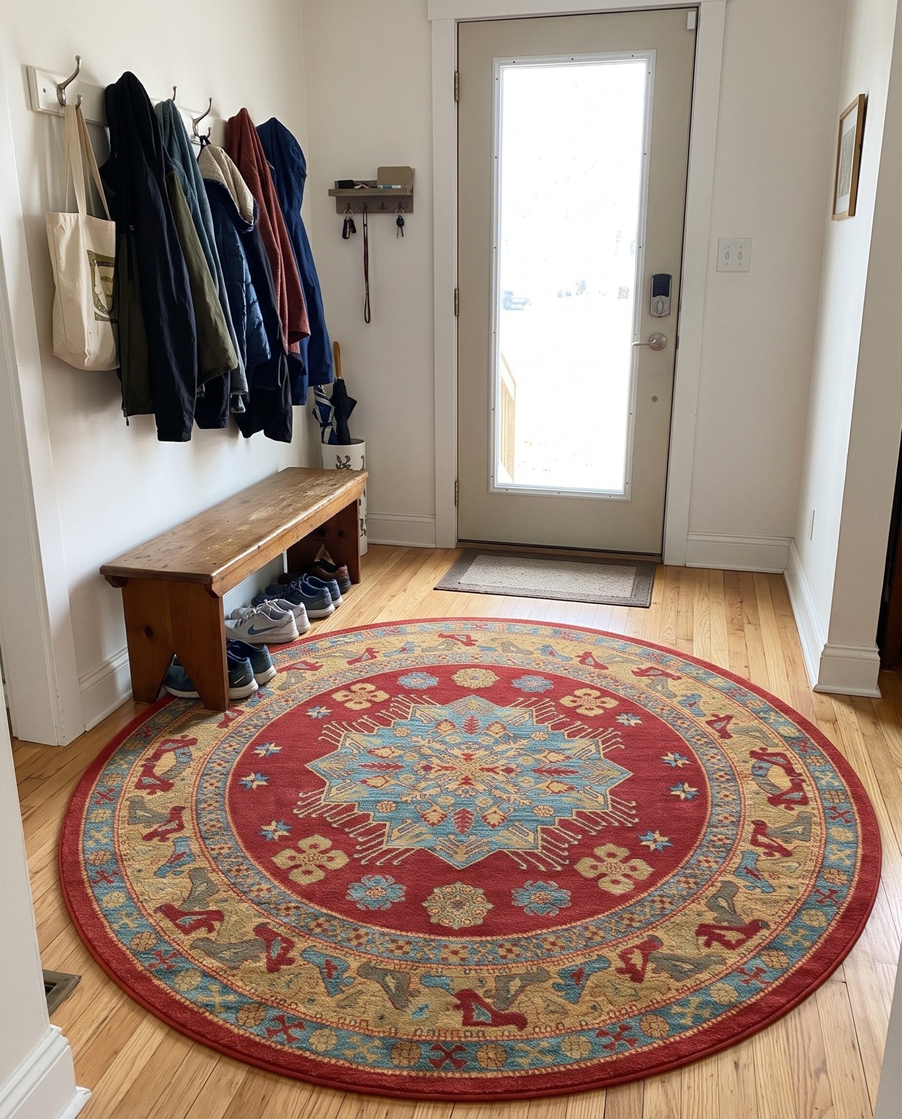 8' x 8' Calistoga · Medallion rug, red and light blue