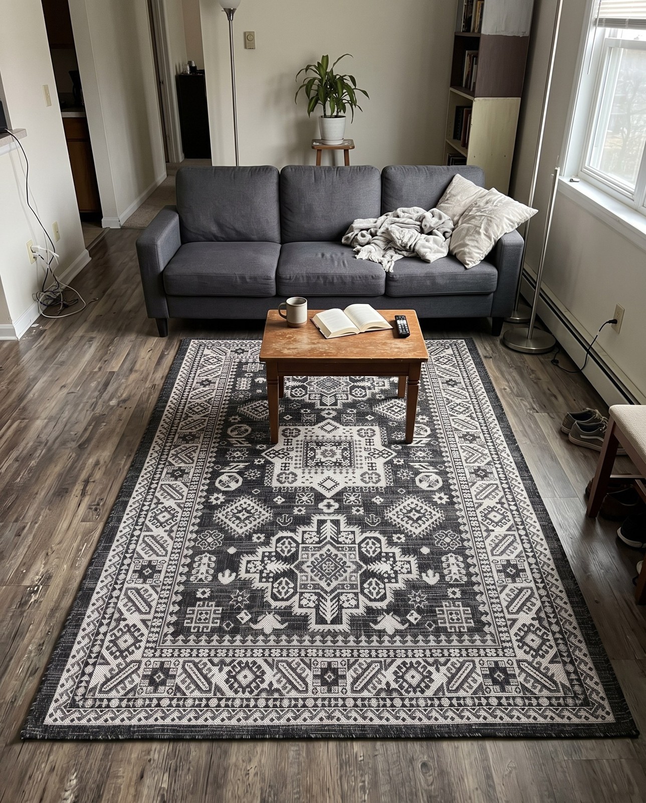 10' x 13' Bellamy · Tribal medallion Outdoor Rug, charcoal and ivory
