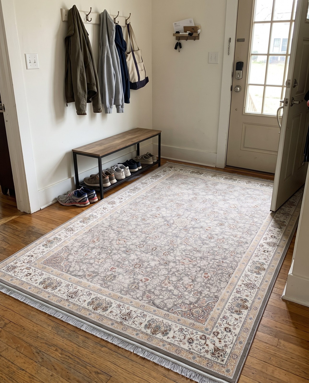 7' 3 x 10' Stonecrop · Floral medallion rug, gray and ivory