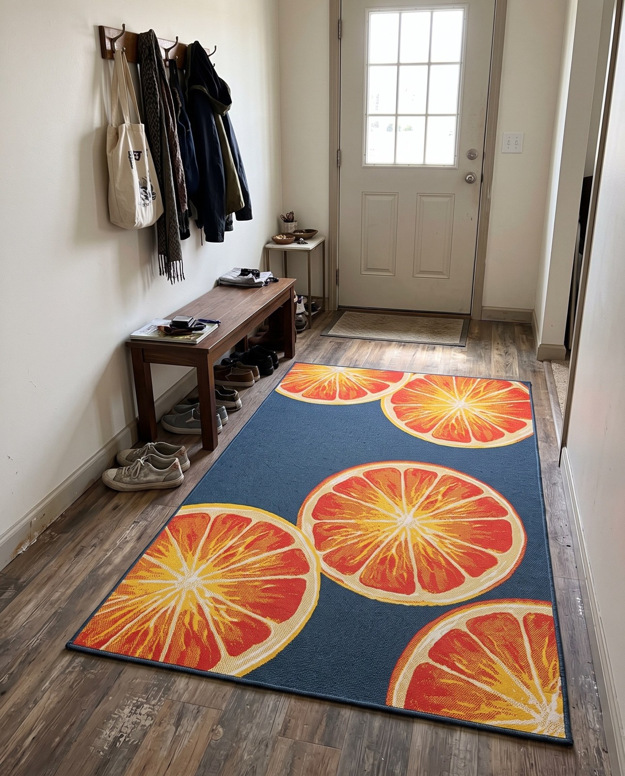 5' 3 x 8' Hurley · Citrus slice Outdoor Rug, navy and orange