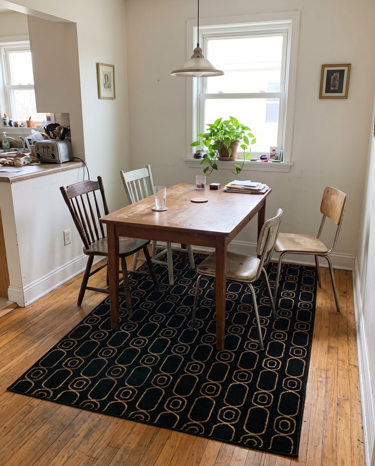 5' 3 x 8' Renwick · Geometric lattice rug, black and gold