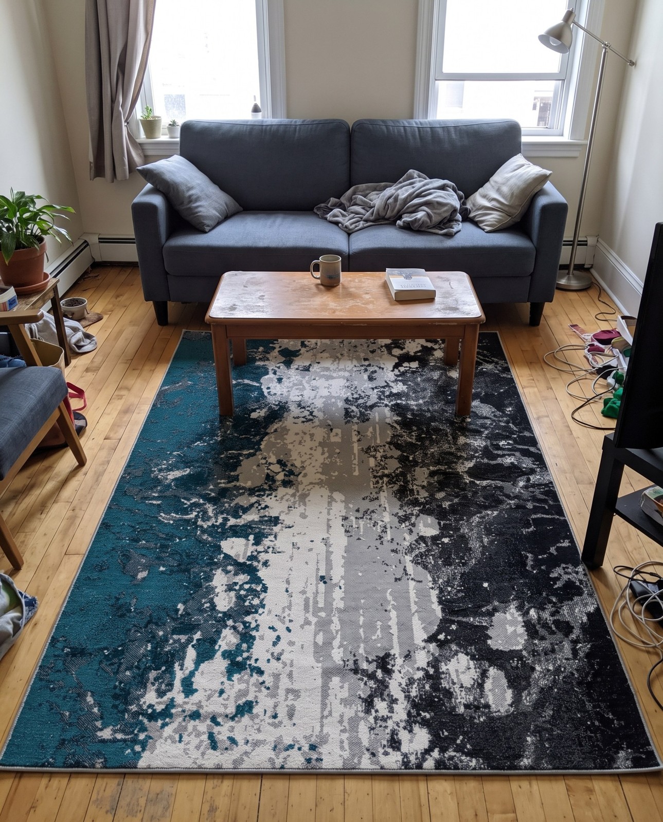 3' 3 x 5' 3 Bittern · Abstract rug, teal, gray and ivory