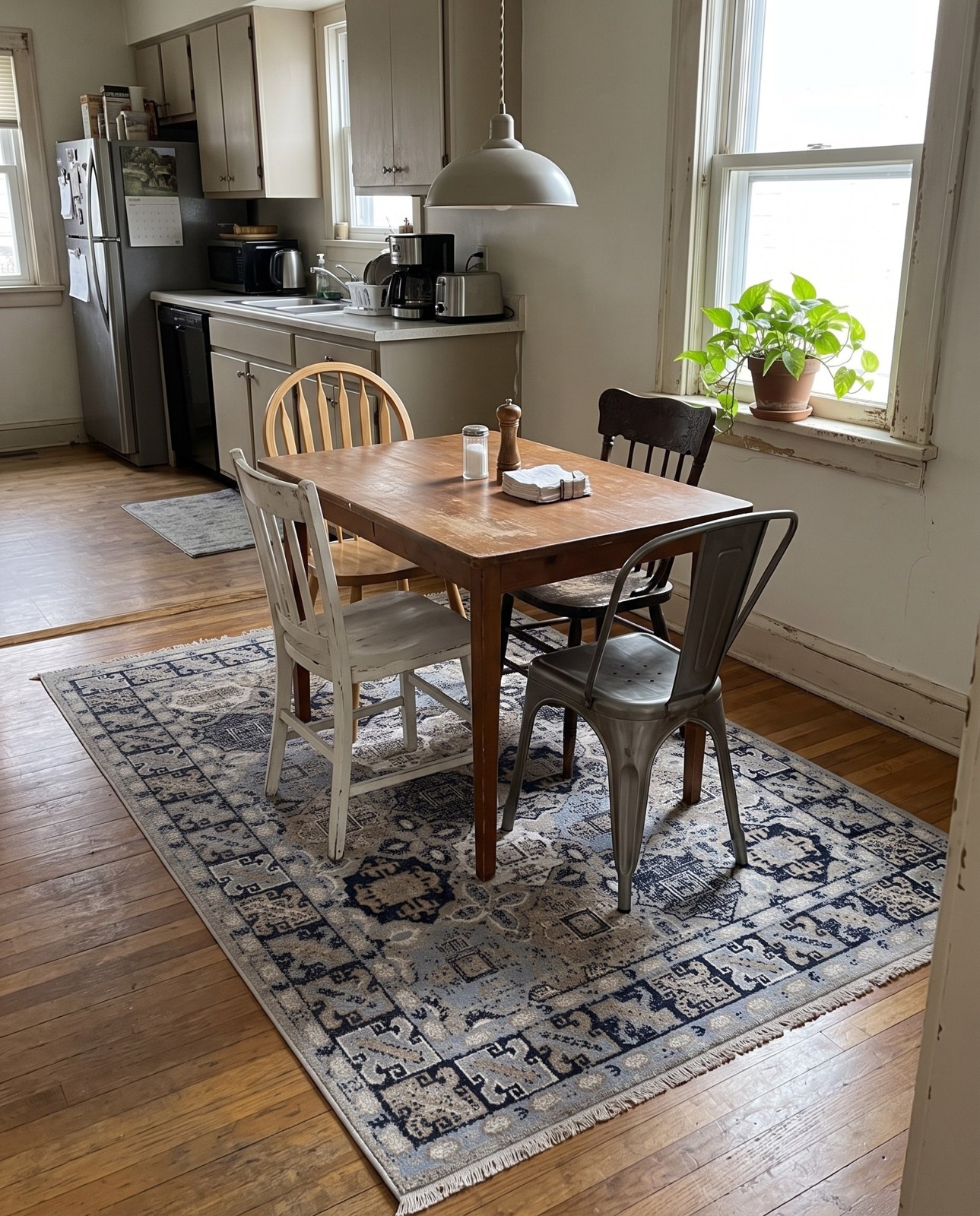 Detail image of 5' 3 x 8' Orme · Geometric medallion Washable Rug, blue and beige