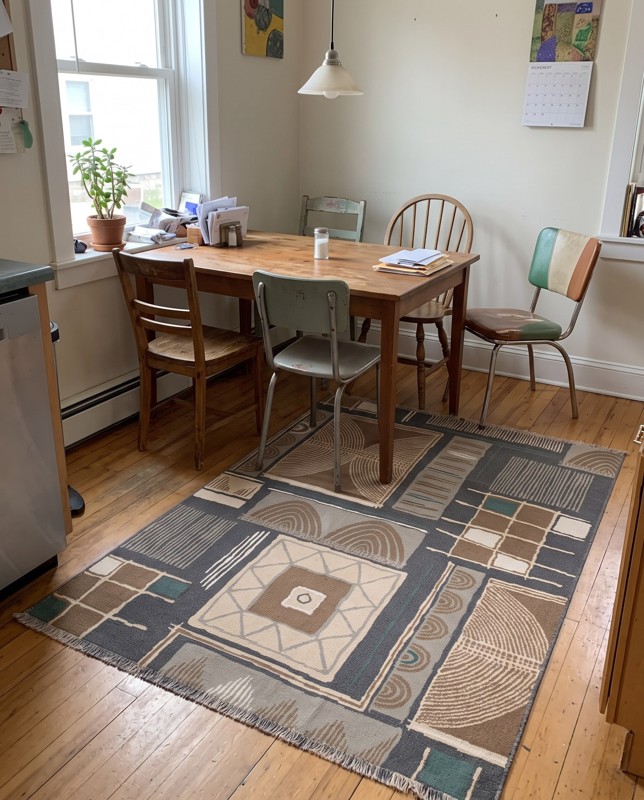 Yeats Geometric abstract rug, brown and gray, 5×8, in a room