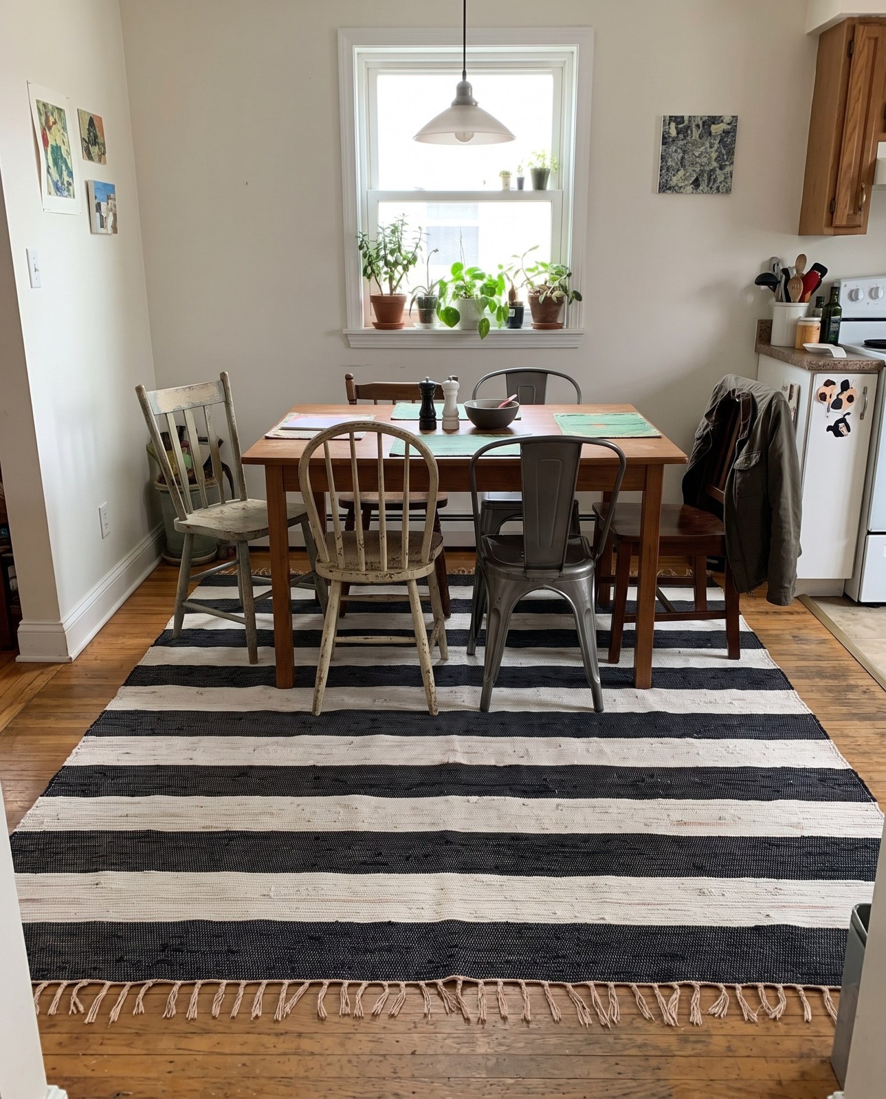 Detail image of 7' 10 x 7' 10 Flagstaff · Striped Chindi Rug, navy and ivory