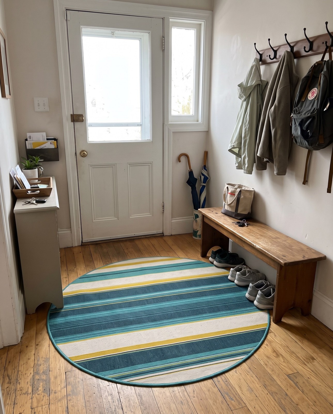 4' x 4' Larkin · Striped Outdoor Rug, navy, teal and yellow