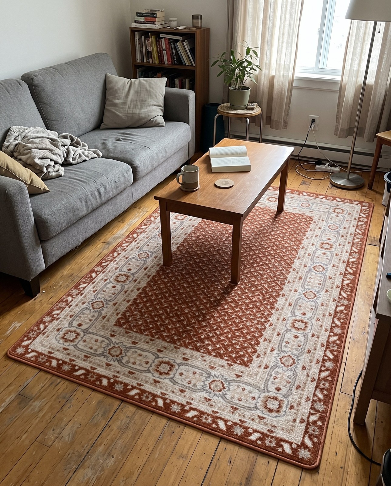2' x 3' Fleetwood · Bordered lattice rug, rust and ivory