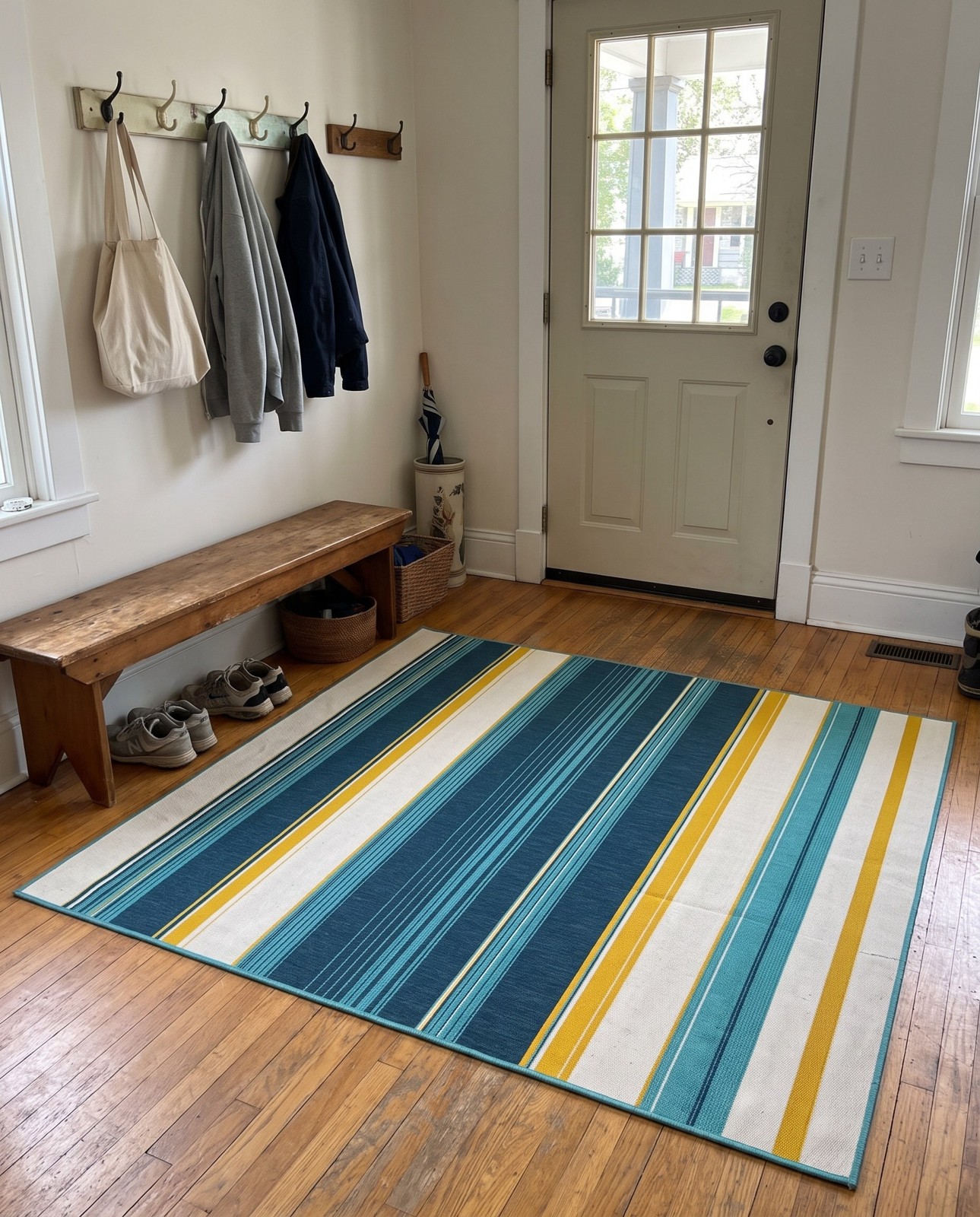 7' 10 x 7' 10 Larkin · Striped Outdoor Rug, navy, teal and yellow