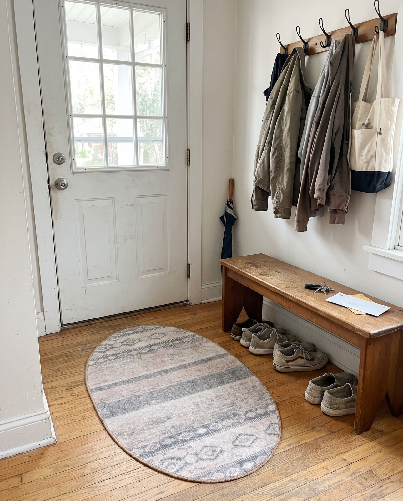 2' x 3' Dalton · Tribal stripe Washable Rug, gray and green