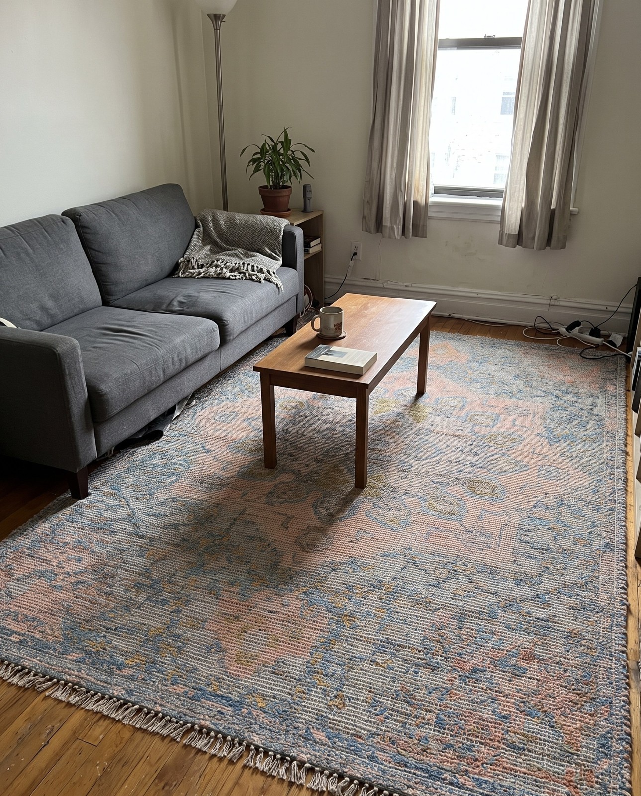 Detail image of 9' x 12' Pinecone · Medallion rug, peach and blue