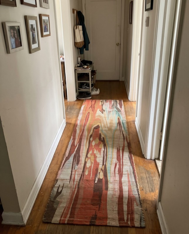 Dusk Abstract rug, coral and multi, 8 Ft Runner, in a room