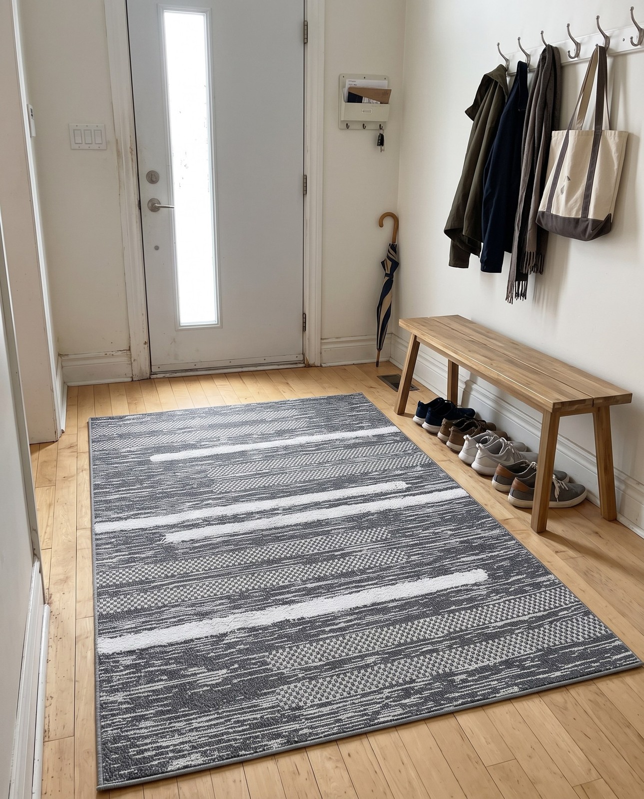 Detail image of 2' 3 x 3' Hornsby · Abstract striped rug, gray and ivory